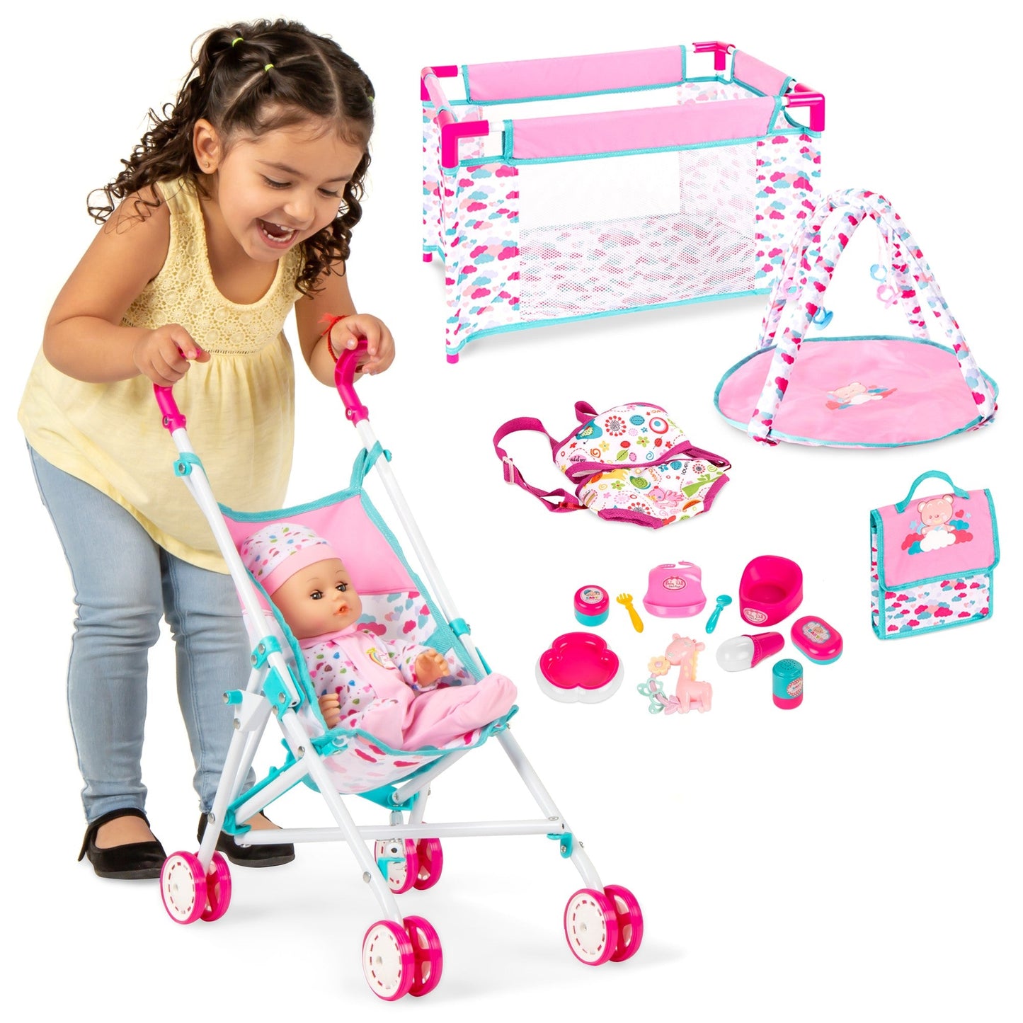 15-teiliges Rollenspielset für Neugeborene mit 13,5-Zoll-Puppe und Zubehör – Interaktive Puppe mit Geräuschen, Kinderwagen, Babytrage 0