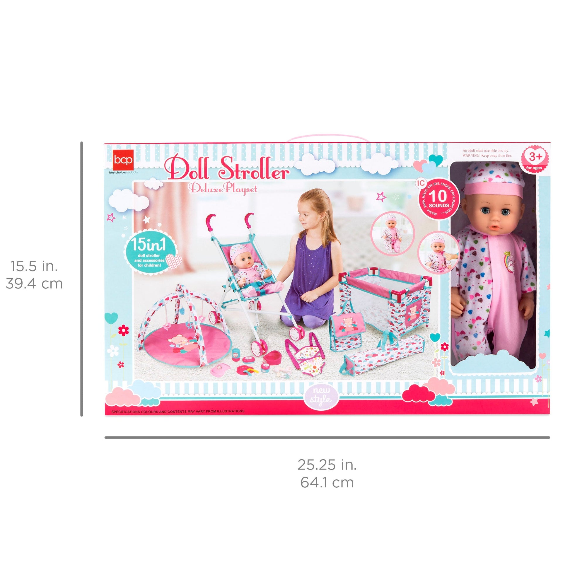 15-teiliges Rollenspielset für Neugeborene mit 13,5-Zoll-Puppe und Zubehör – Interaktive Puppe mit Geräuschen, Kinderwagen, Babytrage 4