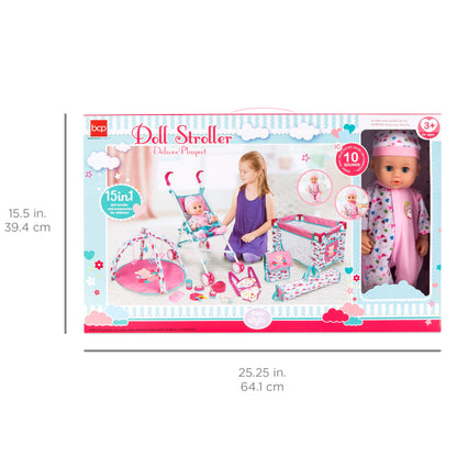 15-teiliges Rollenspielset für Neugeborene mit 13,5-Zoll-Puppe und Zubehör – Interaktive Puppe mit Geräuschen, Kinderwagen, Babytrage 4