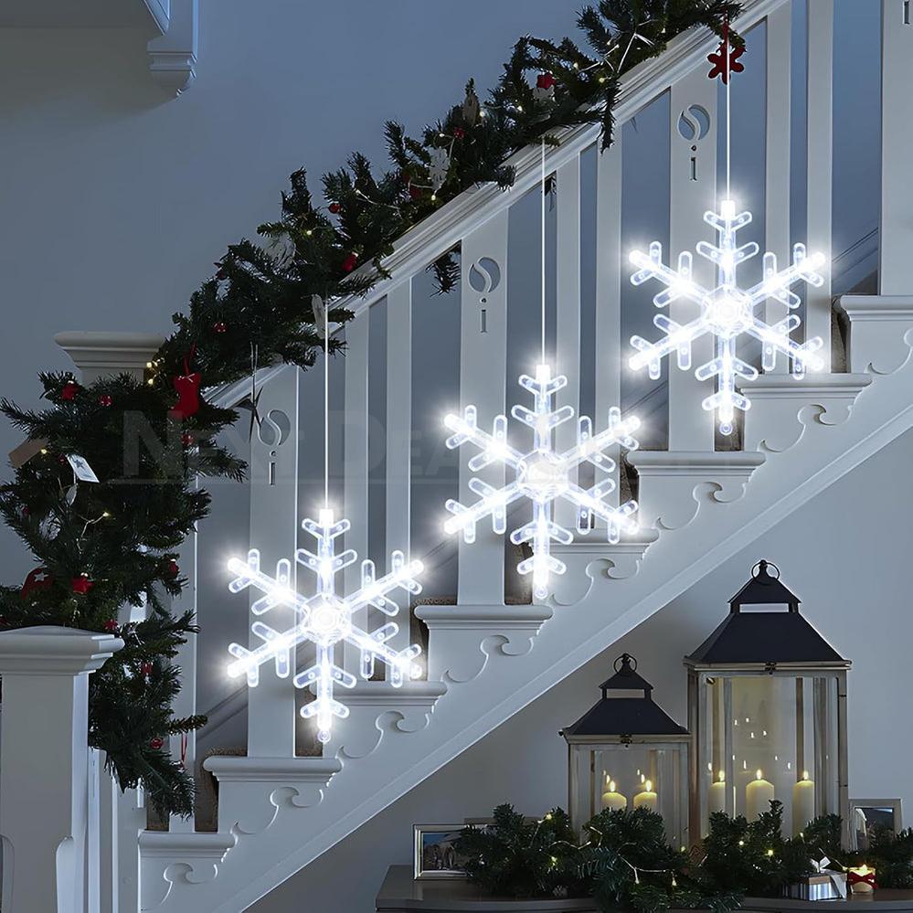 3er Set LED Schneeflocken Fensterlichter mit Saugnapf – Weihnachtsfensterlichter für festliche Dekoration 0