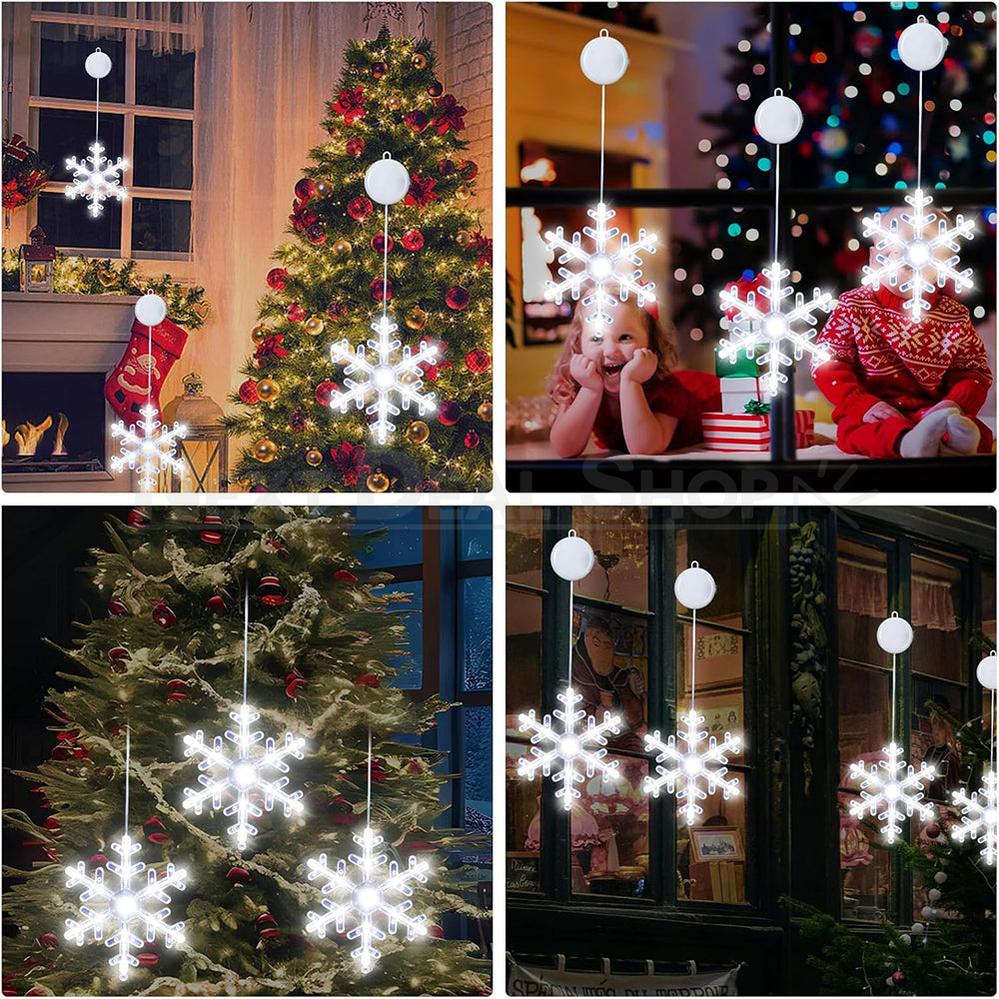 3er Set LED Schneeflocken Fensterlichter mit Saugnapf – Weihnachtsfensterlichter für festliche Dekoration 4