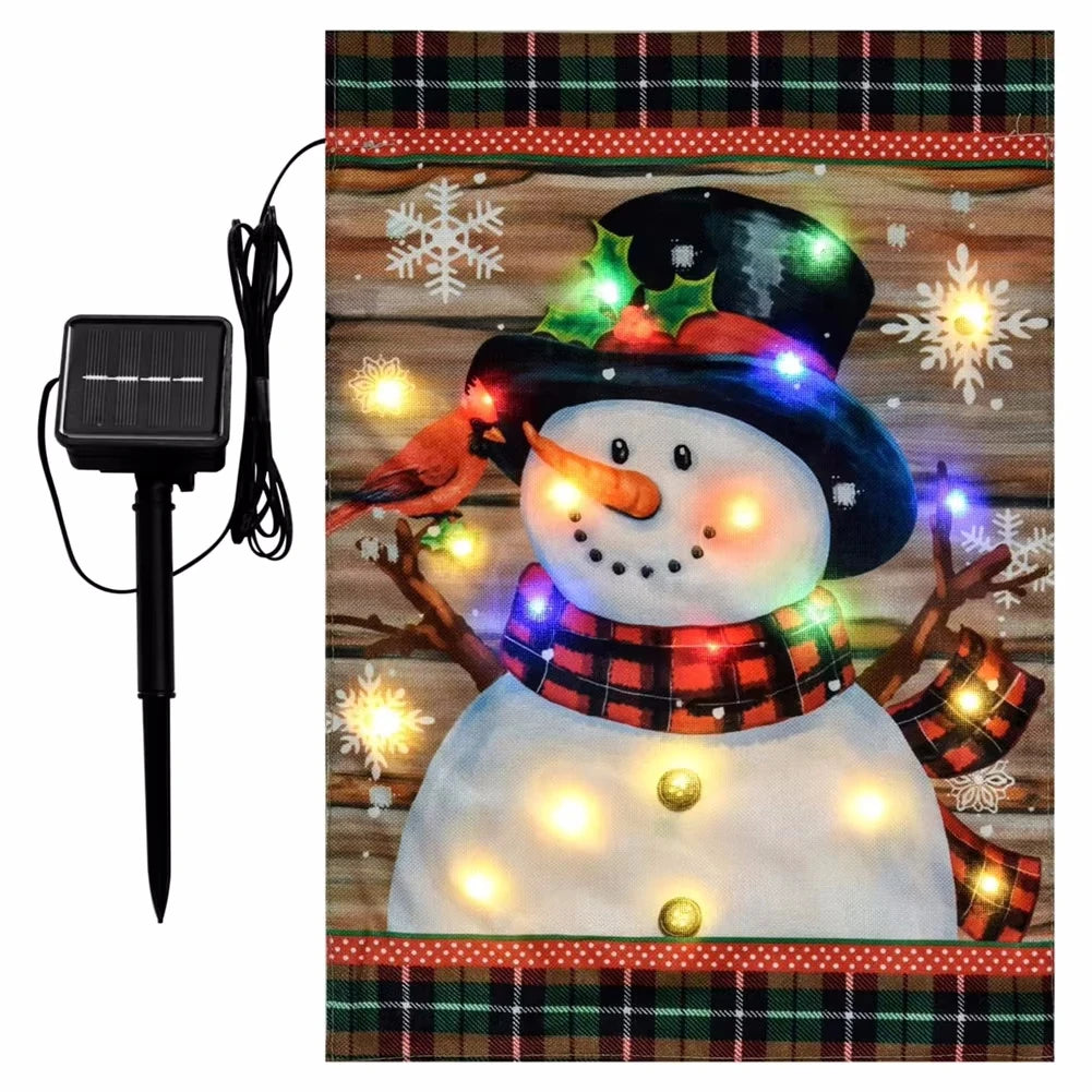 Doppelseitige Solar-LED-Gartenflagge Schneemann 30,5 x 45,7 cm – Automatische Beleuchtung in 8 Modi für Weihnachtsdekoration 1