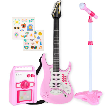E-Gitarren Spielset für Kinder mit Mikrofon und Verstärker – 6 Demosongs, AUX-Anschluss, Kindgerechtes Design, 60 cm Gitarre 1