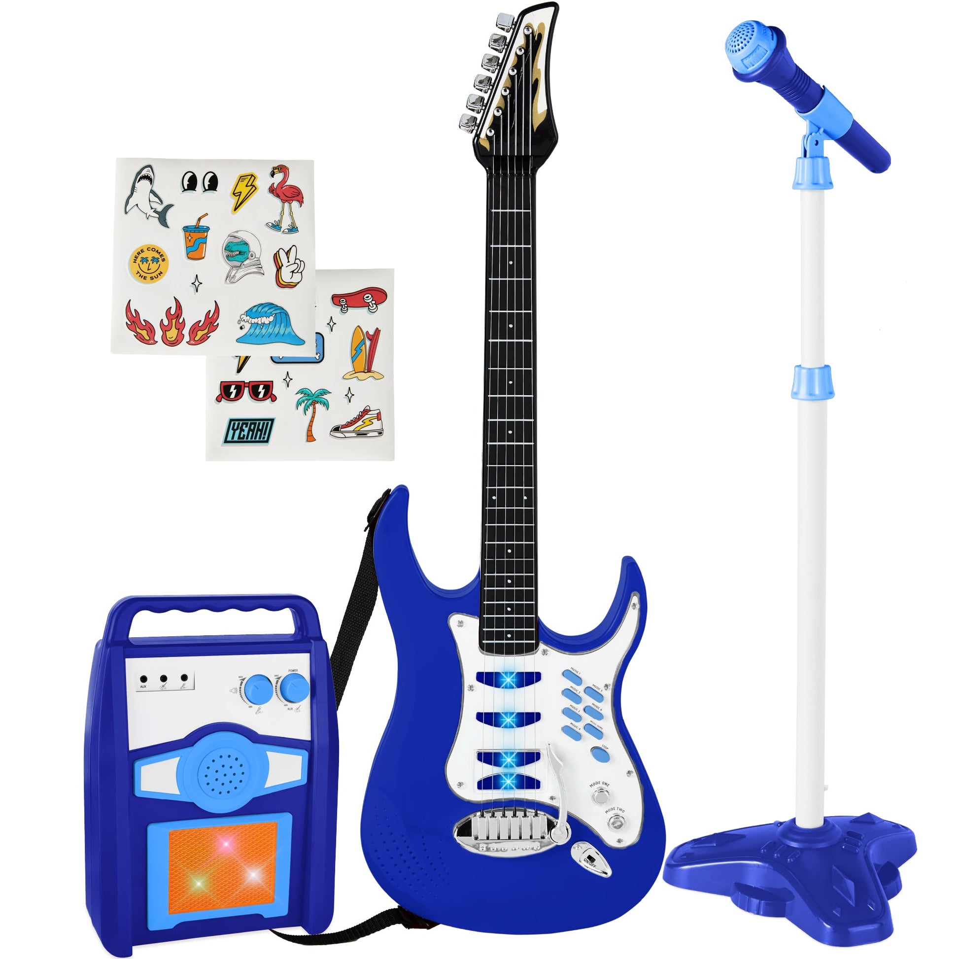 E-Gitarren Spielset für Kinder mit Mikrofon und Verstärker – 6 Demosongs, AUX-Anschluss, Kindgerechtes Design, 60 cm Gitarre 10