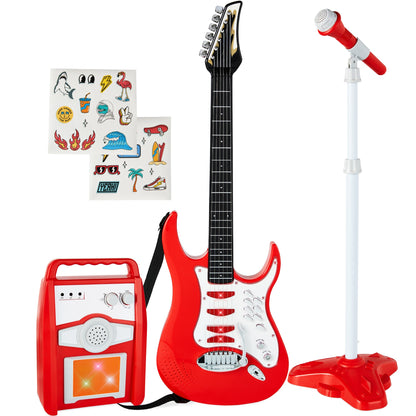 E-Gitarren Spielset für Kinder mit Mikrofon und Verstärker – 6 Demosongs, AUX-Anschluss, Kindgerechtes Design, 60 cm Gitarre 12