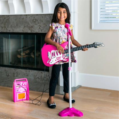 E-Gitarren Spielset für Kinder mit Mikrofon und Verstärker – 6 Demosongs, AUX-Anschluss, Kindgerechtes Design, 60 cm Gitarre 8