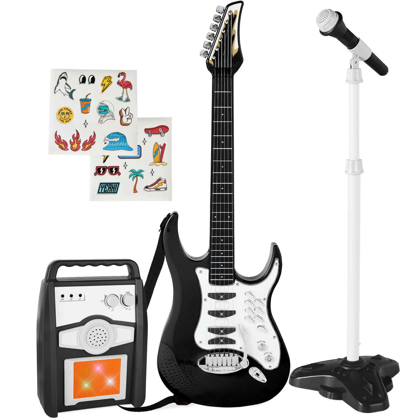 E-Gitarren Spielset für Kinder mit Mikrofon und Verstärker – 6 Demosongs, AUX-Anschluss, Kindgerechtes Design, 60 cm Gitarre 9