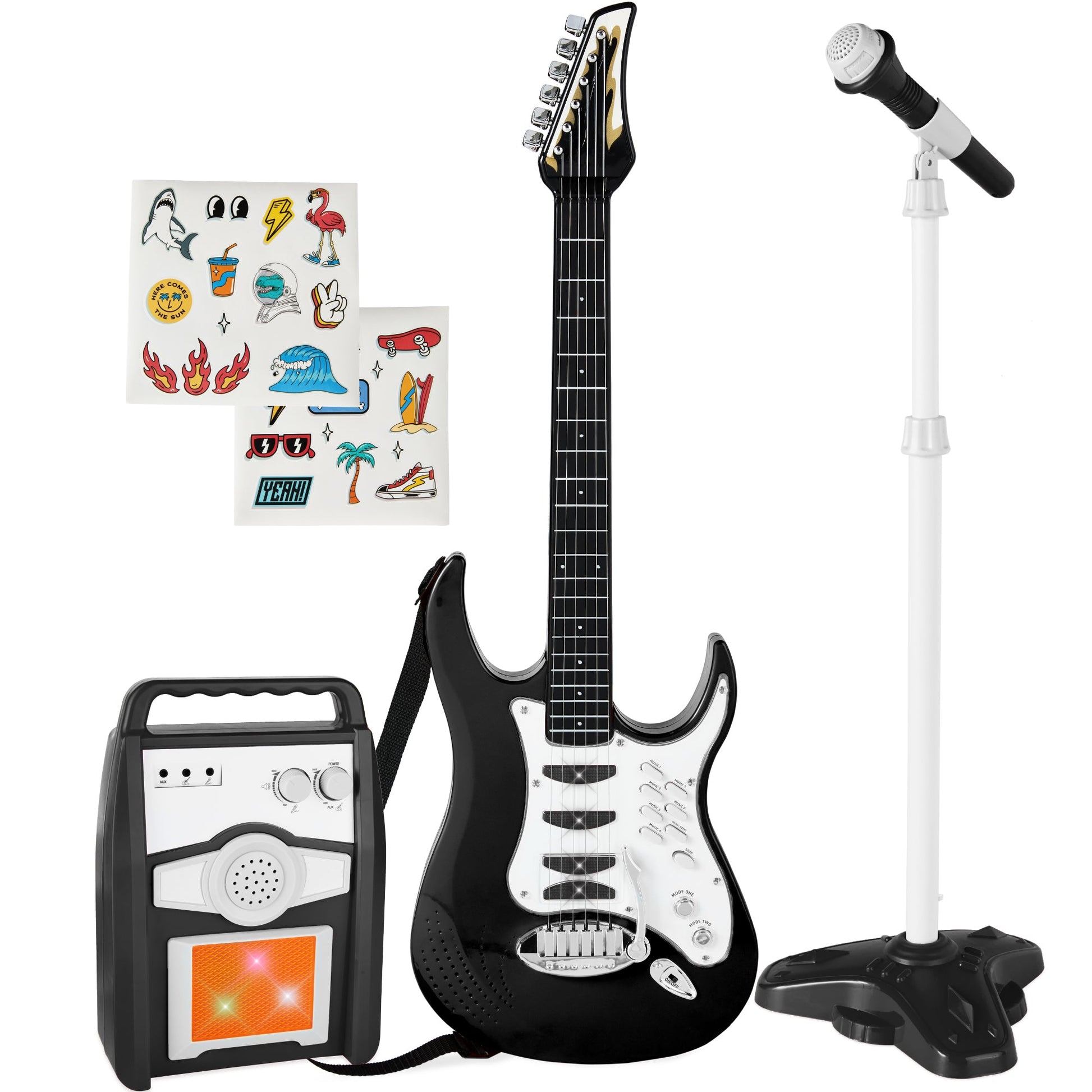 E-Gitarren Spielset für Kinder mit Mikrofon und Verstärker – 6 Demosongs, AUX-Anschluss, Kindgerechtes Design, 60 cm Gitarre 9