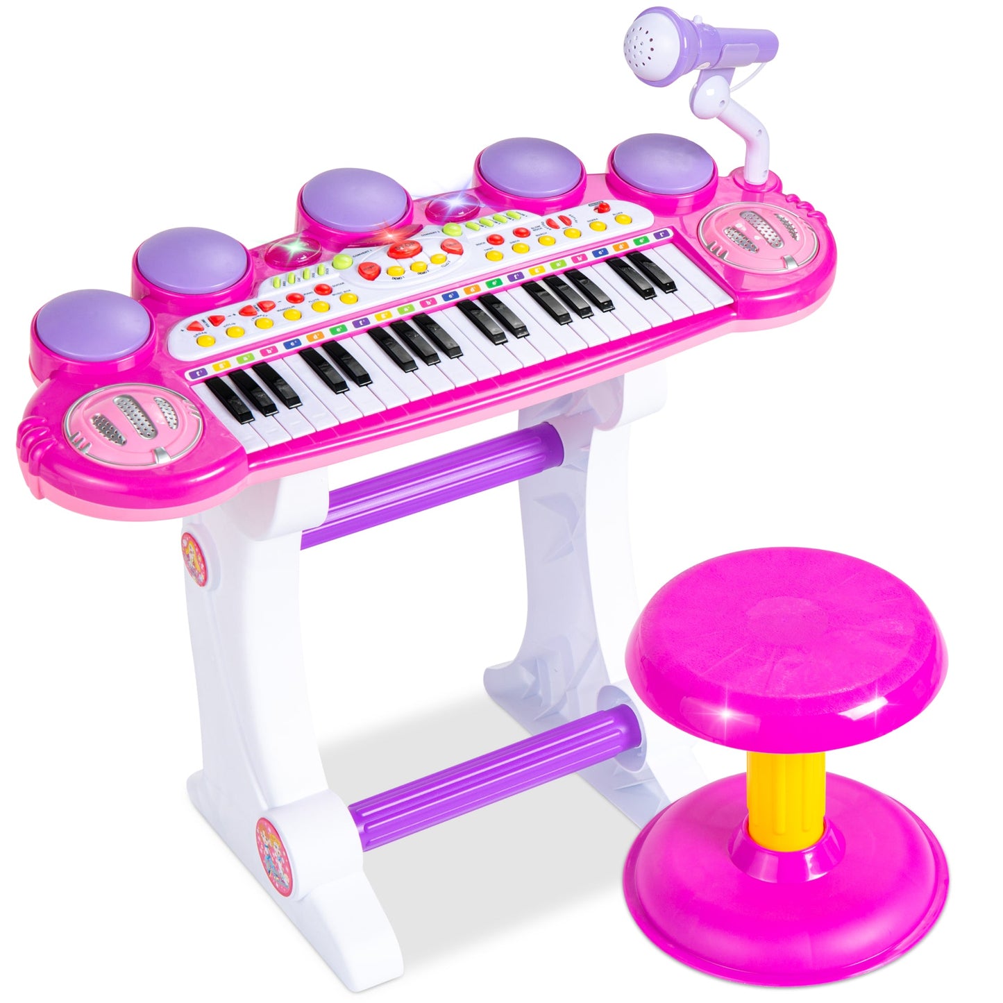 Elektrisches Kinder-Keyboard mit 37 Tasten, Mikrofon und interaktiven Klängen – Inkl. Hocker und Lichter für kreatives Musizieren 0