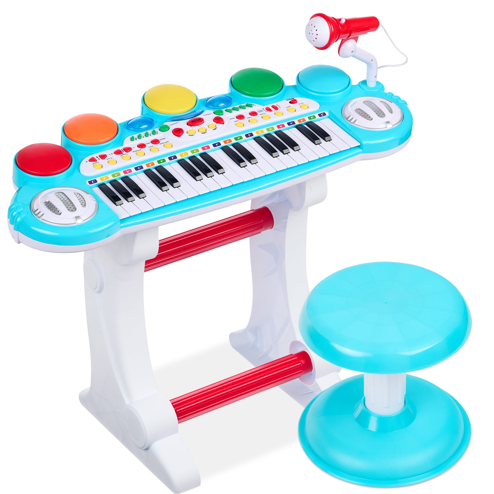 Elektrisches Kinder-Keyboard mit 37 Tasten, Mikrofon und interaktiven Klängen – Inkl. Hocker und Lichter für kreatives Musizieren 9
